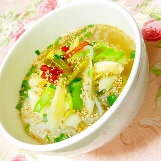 生姜でピリリ❤青梗菜と長葱と糸蒟蒻のスープ❤